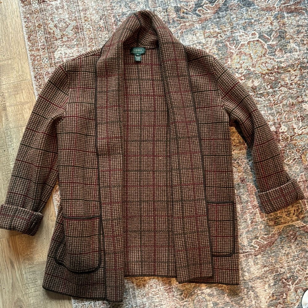 Lauren Ralph Lauren Brown Plaid Open-Front Jacket